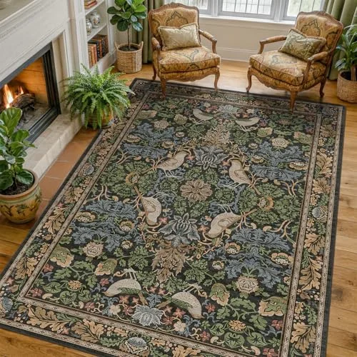 Dark Green / Brown, a floral washable rug by HazoHaus