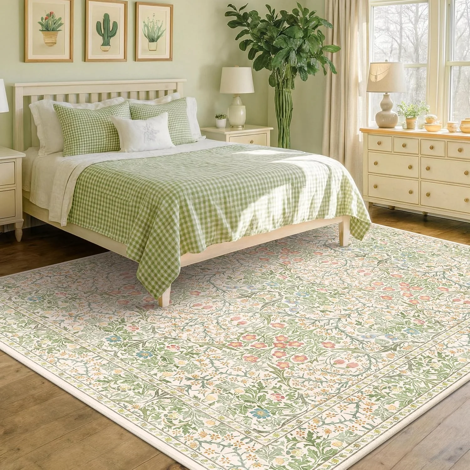 A light HazoHaus floral rug in a green bedroom