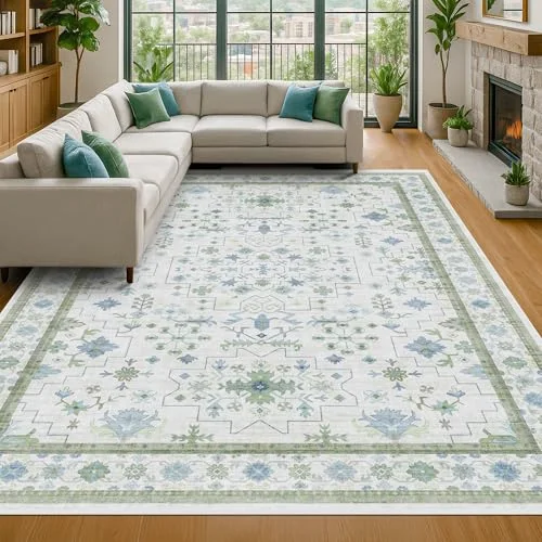Cream Green, a floral washable rug by HazoHaus